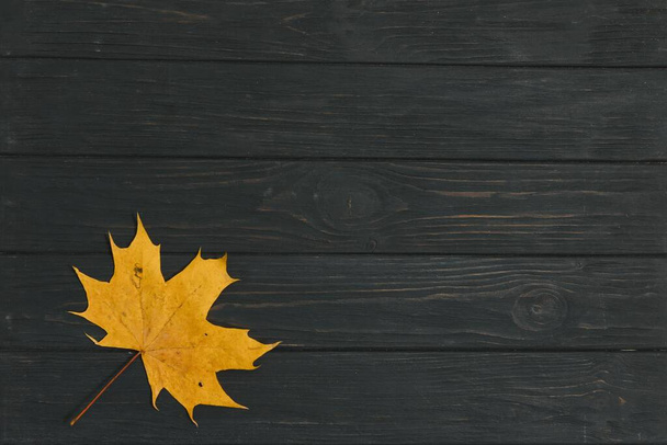 Textured vintage rustic wooden background with autumn yellow leaves - 写真・画像