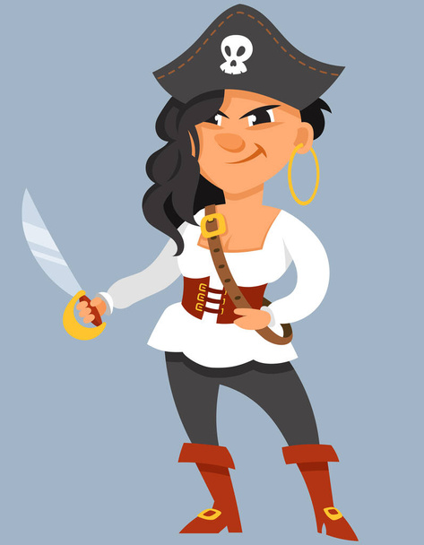Beautiful female pirate. Funny character in cartoon style. - Vector, Image