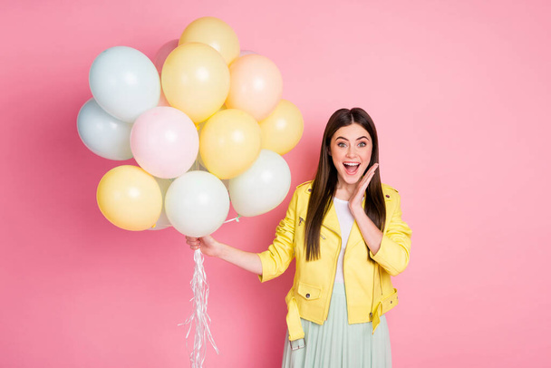 Portrait of astonished positive cheerful girl get many balloons on birthday impressed touch hand face scream wow omg wear good look clothes isolated over pastel color background - Fotografie, Obrázek