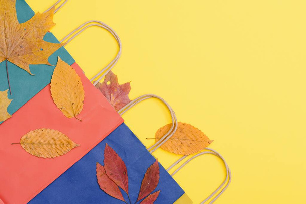 craft shopping bags surrounded by yellow and orange fallen autumn leaves, the concept of autumn discounts and sales - 写真・画像