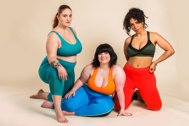 Group of 3 oversize women posing in studio - Beautiful girls accepting body imperfection, beauty shots in studio - Concepts about body acceptance, body positivity and diversity - Fotografie, Obrázek