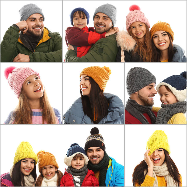Collage with photos of people wearing warm clothes on white background. Winter vacation - Fotografie, Obrázek