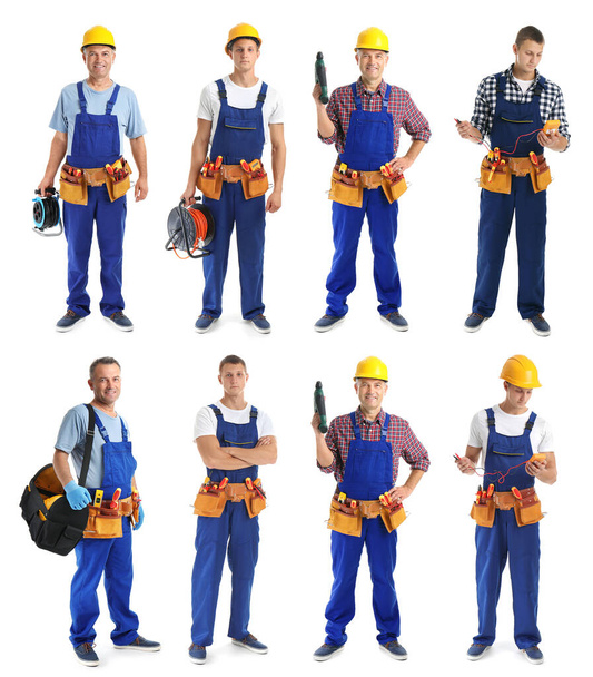 Collage with photos of electricians on white background - Foto, afbeelding