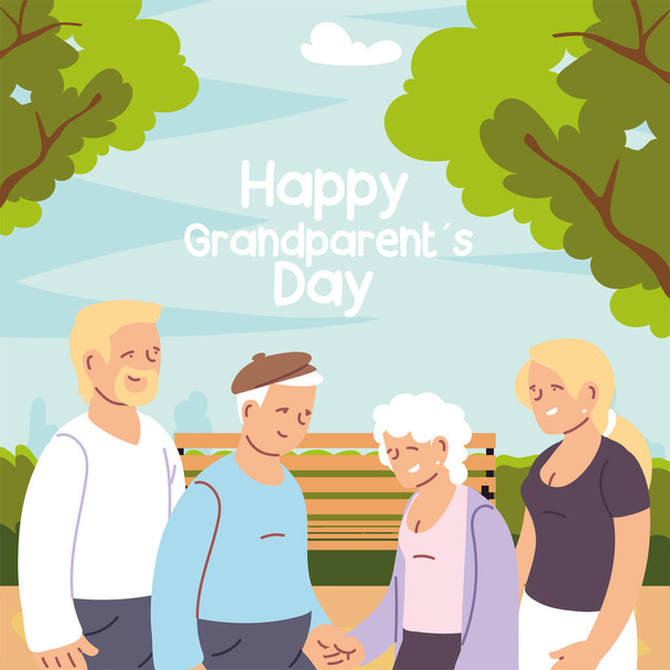 ευτυχισμένη οικογένεια, εγγονή, εγγονός και παππούδες γιορτάζουν την ημέρα των παππούδων - Διάνυσμα, εικόνα