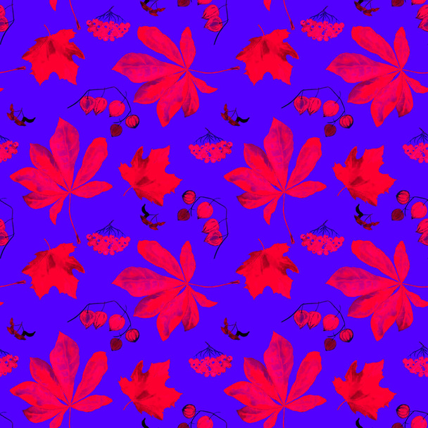Watercolor seamless neon pattern with autumn set. Maple. Rowan. Physalis. Chestnut. Beautiful autumn print for any kind of a design. - Foto, Imagen