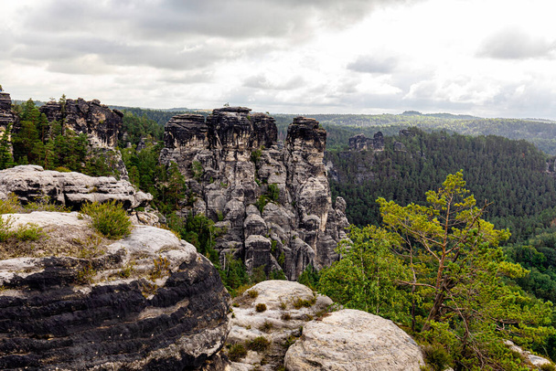 Scenic view of the Bastei rock formation, known as Saxon Switzerland near Dresden, Saxony, Germany - 写真・画像
