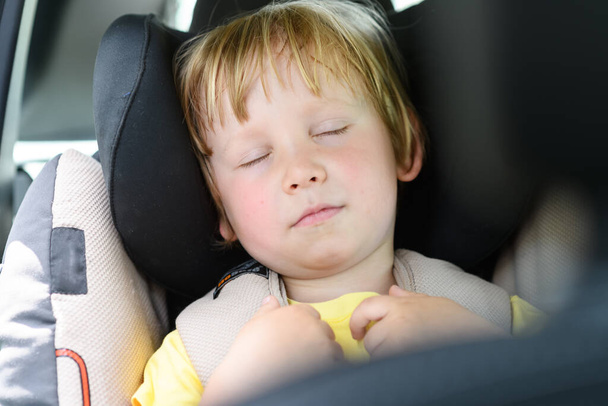 Boy is sleeping in a child car seat - 写真・画像