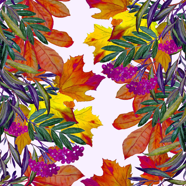 Beautiful seamless pattern with watercolor autumn leaves and rowan branches. Beautiful natural autumn print. Colorful hand drawn illustration. - Fotó, kép
