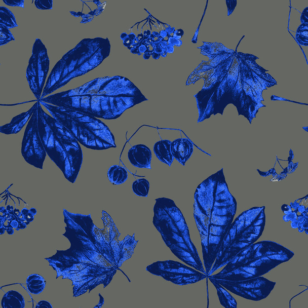 Watercolor seamless pattern with autumn set. Maple. Rowan. Physalis. Chestnut. Beautiful autumn print for any kind of a design. - Fotoğraf, Görsel