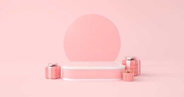 3D рендеринг подиума и подарочной коробки на розовом фоне - Фото, изображение