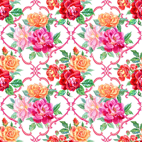 Seamless pattern of bouquets of roses and baroque pattern, watercolor illustration, print for fabric, wallpaper and other designs. - Photo, image