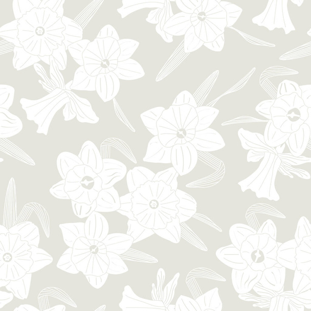 Vector Daffodil Flower Silhouettes in White Scattered on Beige Background Seamless Repeat Pattern. Background for textiles, cards, manufacturing, wallpapers, print, gift wrap and scrapbooking. - Vector, imagen