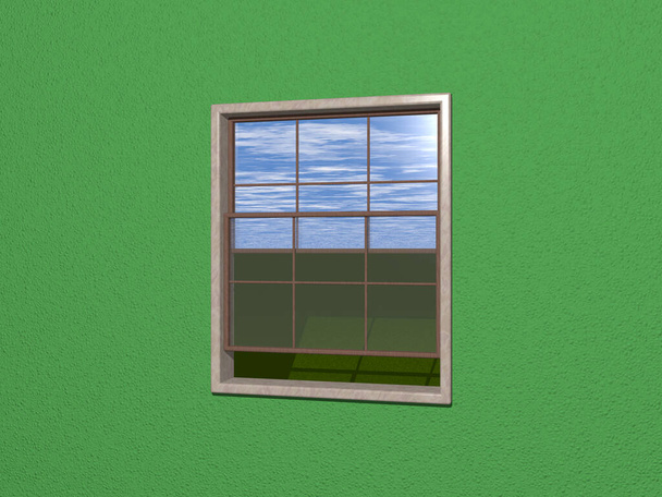 Illustration 3D de la fenêtre à guillotine ouverte sur pelouse verte et ciel bleu nuageux depuis le mur FOREST GREEN. matériaux en pierre et en bois. fond et belle - Photo, image