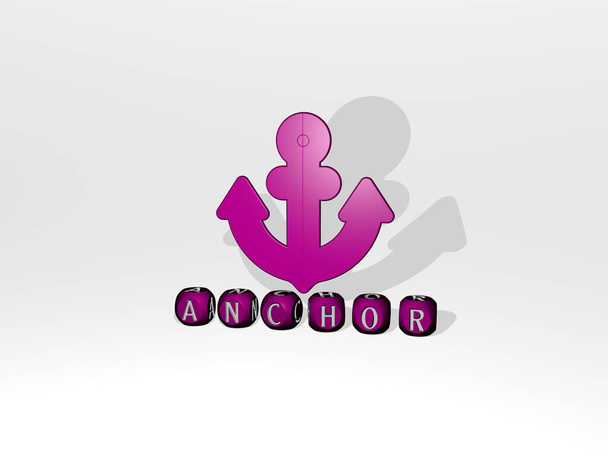 3D illustration of anchor graphics and text made by metallic dice letters for the related meanings of the concept and presentations. background and boat - Photo, Image