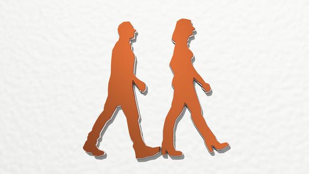 MAN AND WOMAN WALKING on the wall. 3D illustration of metallic sculpture over a white background with mild texture. beautiful and young - Photo, Image