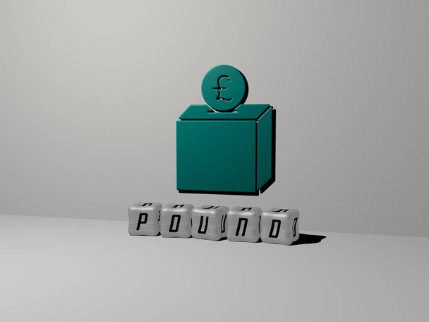 3D illustration of pound graphics and text made by metallic dice letters for the related meanings of the concept and presentations. currency and business - Photo, Image