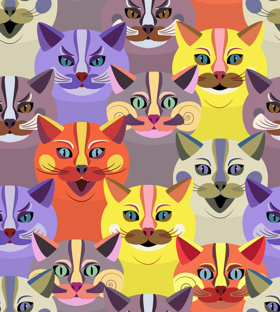Seamless pattern with bright cute cats. Endless texture with cartoon animal faces. Children's print. Background with silhouettes of fabulous cats. Vector illustration - Vector, Image