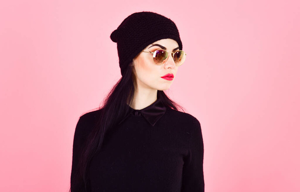 Closeup studio shot of beautiful hipster fashionable teenage girl wearing black clothes - Fotografie, Obrázek