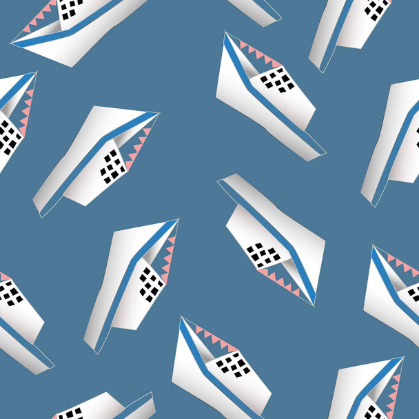 Endless pattern of paper boats on a blue background - Vector, Image