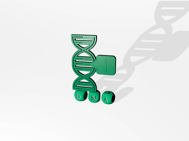 Immagine grafica 3D del DNA verticalmente insieme al testo costruito da lettere cubiche metalliche dalla prospettiva superiore, eccellente per la presentazione del concetto e presentazioni. illustrazione e sfondo - Foto, immagini