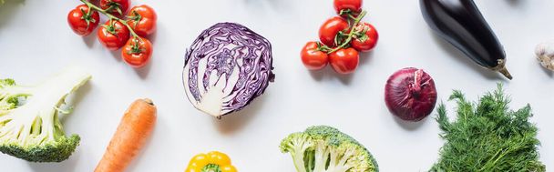 top view of assorted fresh vegetables on white background, panoramic shot - Φωτογραφία, εικόνα