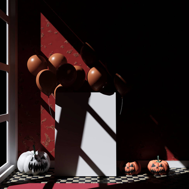 3D illustratie .Doek in een woonkamer Halloween decoratie. Pompoenen. 3D-weergave - Foto, afbeelding