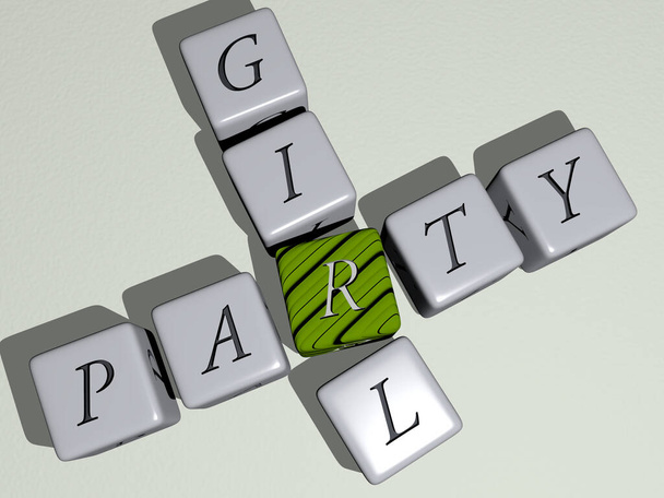 kruiswoordpuzzels van PARTY GIRL gerangschikt met kubieke letters op een spiegelvloer, concept betekenis en presentatie. illustratie en achtergrond - Foto, afbeelding