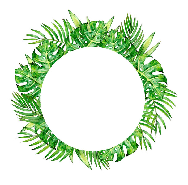 Tropical leaves circle frame, isolated on white. Watercolor illustration. - Photo, Image