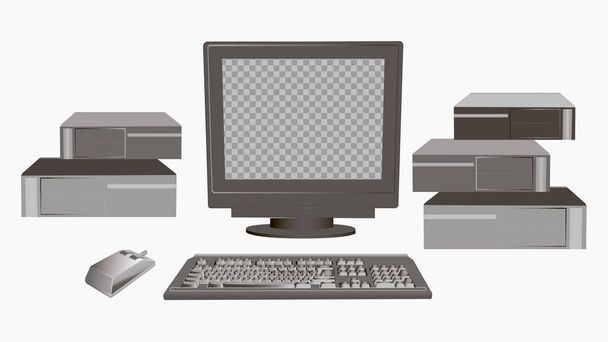 Alter Personal Computer. Retro-Gadget klassischer Monitor mit veralteter Maus und System. - Vektor, Bild