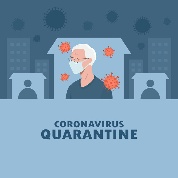 Koronavirüs salgını ve sosyal uzaklık kavramı. Salgını durdurmak ve virüsün yayılmasını önlemek için kendini karantinaya alarak evde kalmak. Evinde tıbbi maske takan yaşlı bir adam. vektör illüstrasyonu - Vektör, Görsel