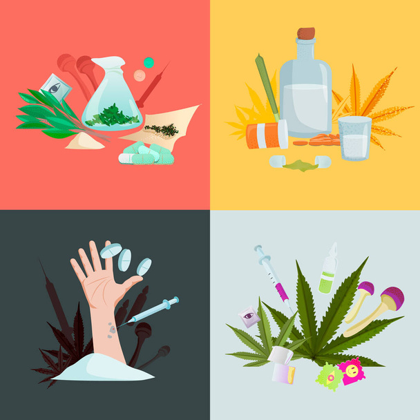 Drug addiction illustration set. Ready to use organic drugs mescaline extract bunch of salvia leaves. - Vector, Image