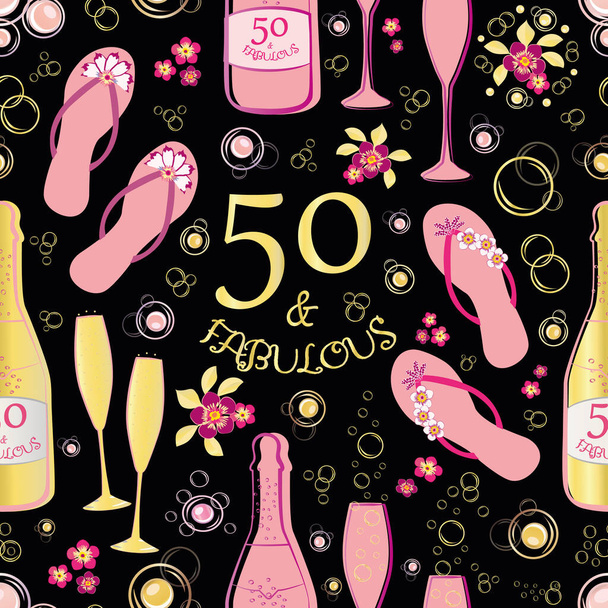Pięćdziesiąt i bajeczny bezszwowy wzór tła wektora. Różowy, złoty i czarny tło z tekstem, japonki buty, butelki szampana, kieliszki musujące, kwiaty. Na plaży urodziny koncepcja - Wektor, obraz