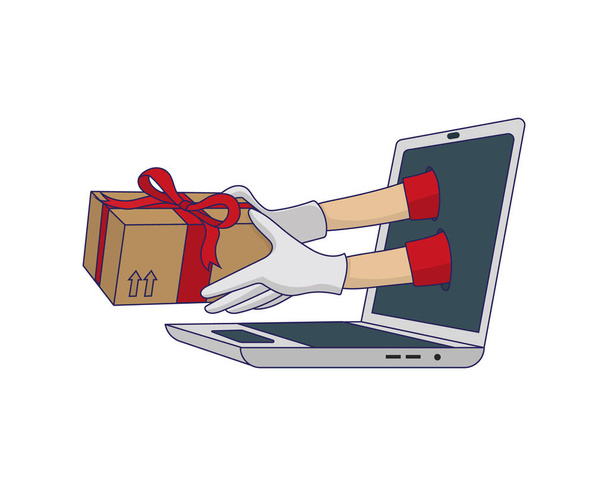 Santa Claus handen die een cadeaupakket vasthouden dat uit een laptop komt. Internet winkelen en pakketdienst. Kerstinkopen - Vector, afbeelding