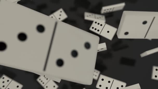 3D animation of a set of white dominoes that fall in slow motion on a black mirror surface. At the end of the animation, the camera focus is adjusted. - Footage, Video