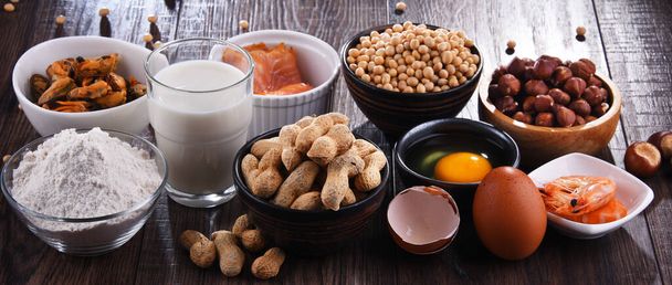 Zusammensetzung mit gängigen Nahrungsmittelallergenen wie Ei, Milch, Soja, Erdnüssen, Haselnüssen, Fisch, Meeresfrüchten und Weizenmehl - Foto, Bild