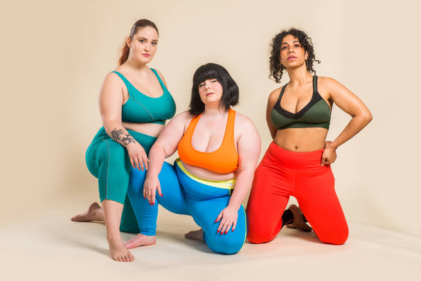 Group of 3 oversize women posing in studio - Beautiful girls accepting body imperfection, beauty shots in studio - Concepts about body acceptance, body positivity and diversity - Фото, зображення