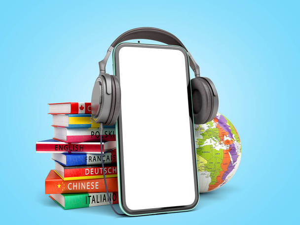 self learning concept Presentation of the application for learning foreign languages smartphone with blank screen headphones and books 3d render on blue gradient - Fotó, kép