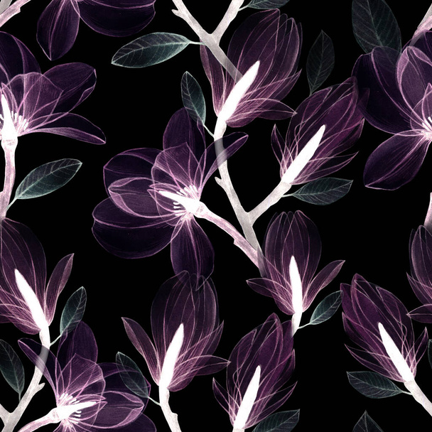 modello senza cuciture fiori magnolia trasparente su uno sfondo nero. fiori rosa trasparenti di colori pastello, raggi X, inversione. sfondo per matrimoni, celebrazioni, feste. disegno carta da parati - Foto, immagini