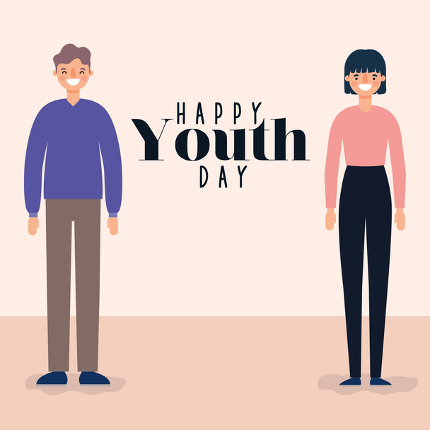 mujer y hombre dibujos animados sonriendo de diseño vectorial feliz día de la juventud
 - Vector, Imagen