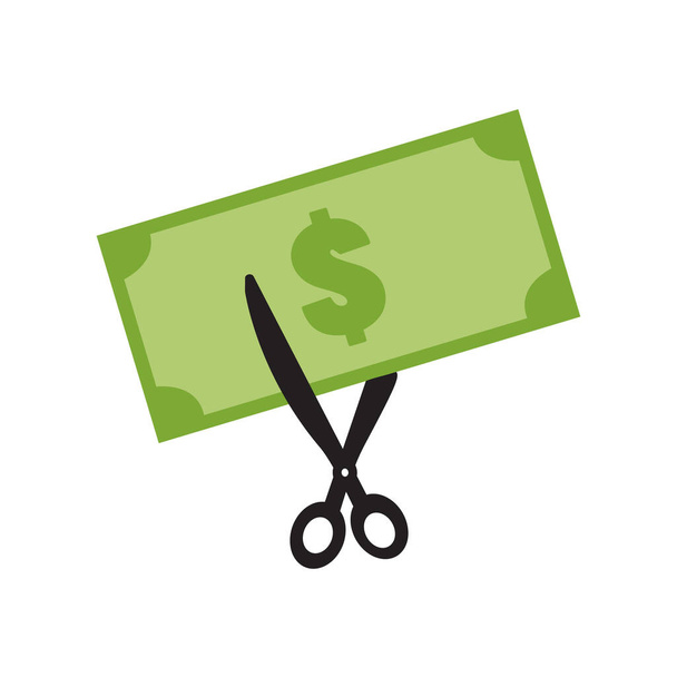 scissor cutting money bill on white background. price or cost cut sign. discount symbol. sale icon. - Vector, Image