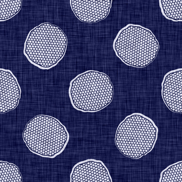 Seamless indigo polka dot texture. Blue woven boro cotton dyed effect background. Japanese repeat batik resist pattern. Distressed dotted dye spot. Asian all over kimono textile. Worn cloth print - Фото, изображение
