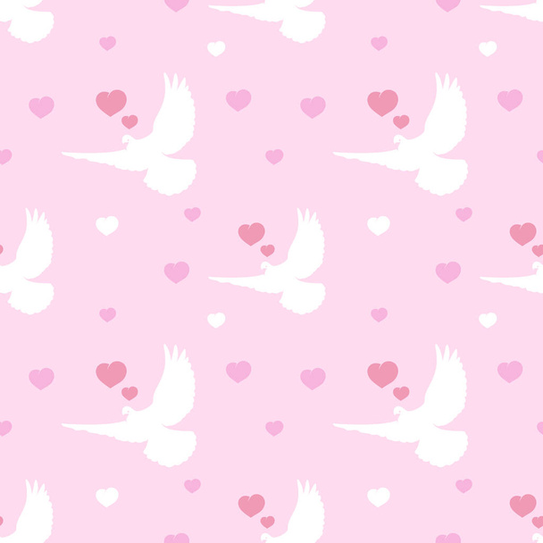 Vector seamless pattern of white doves with hearts on a pink background. Valentine's Day, Wedding, Birthday, Mother's Day, Fathers Day Romantic background. Love concept design for packaging, fabric, printing - Διάνυσμα, εικόνα
