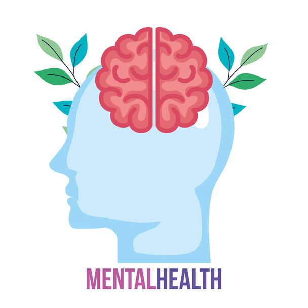 mentális egészség koncepció, profil fej agy, és levelek - Vektor, kép