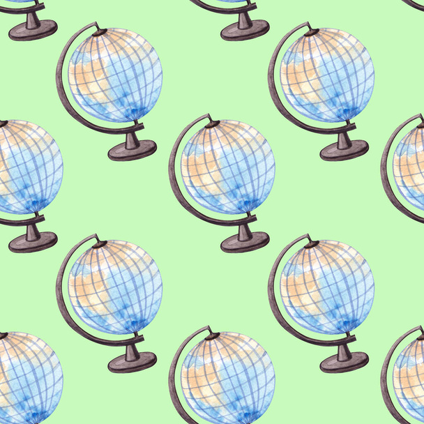 Seamless watercolor pattern with globes on a green background. - Valokuva, kuva