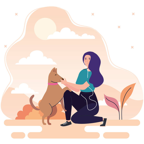 banner, woman performing leisure outdoor activities, woman with dog pet - Vector, Image