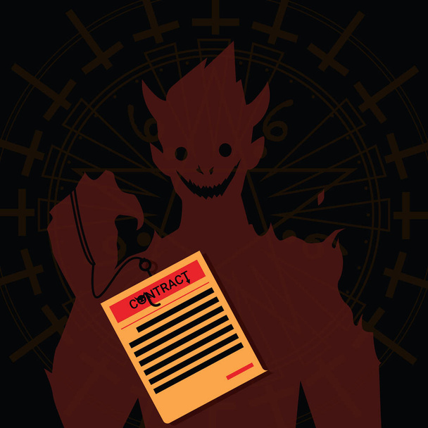 Devil and contract offering concept. Scary evil offers deal to sign in blood. Red Satan with document background with magic circle. Dealing with the devil to sell the soul. Flat vector illustration - Vector, Image