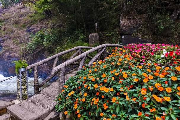 Eine geschwungene Holzbrücke über den Fluss. Geländer in Form von Ästen. In der Nähe befindet sich ein üppiges Blumenbeet. Leuchtend orange, rosa, weiße Blüten zwischen grünen Blättern. Vietnam. Dalat.    - Foto, Bild