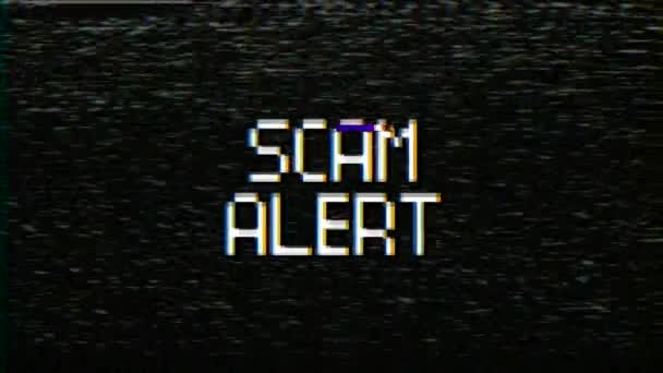 Video animatie van een monitor scherm met geluid en het bericht scam alert. Gegenereerd met glitch effect. Abstracte achtergrond. - Video