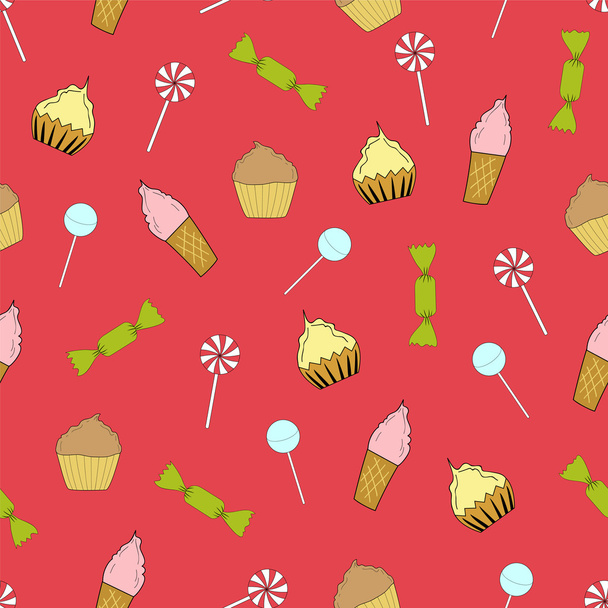 Seamless texture cupcakes, ice cream and candy - Vector, Image