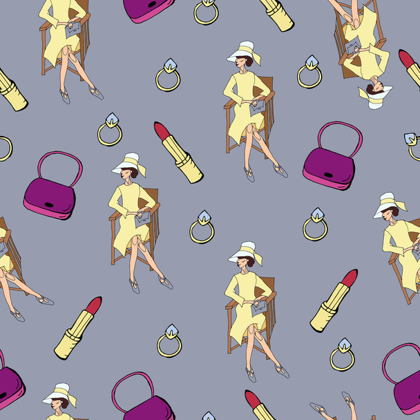 Endless pattern of ladies, rings, bags. female theme - Вектор,изображение